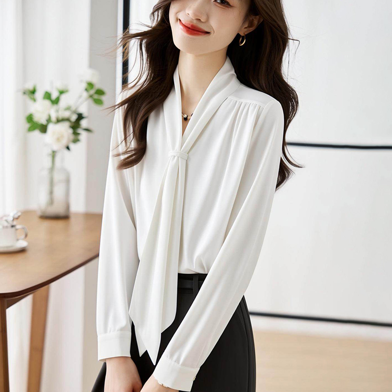 V-neck niche long sleeve tops white spring and autumn shirt