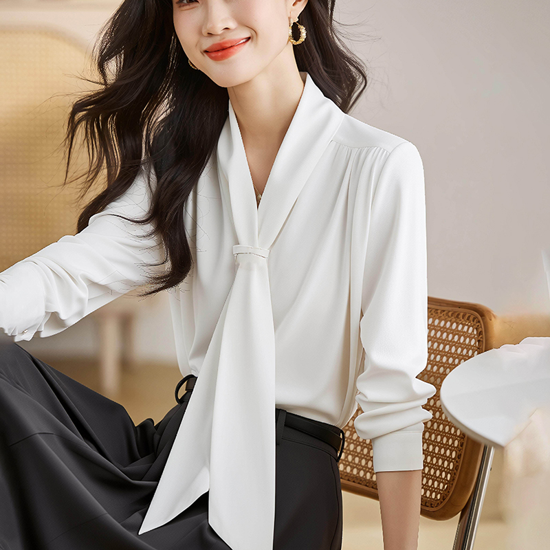V-neck niche long sleeve tops white spring and autumn shirt
