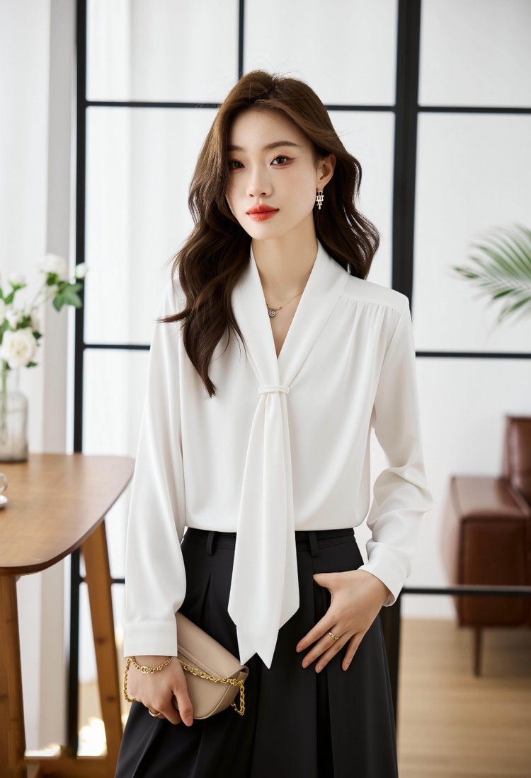 V-neck niche long sleeve tops white spring and autumn shirt