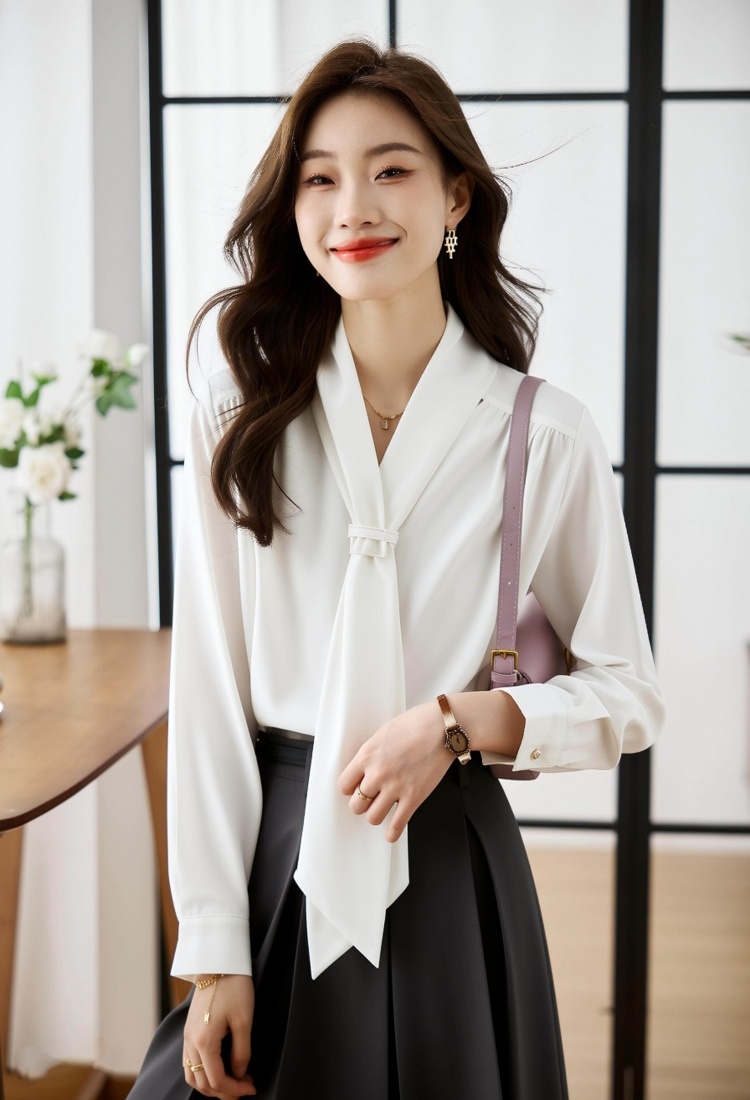 V-neck niche long sleeve tops white spring and autumn shirt