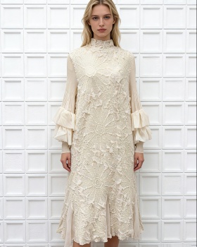 Embroidery European style fold trumpet sleeves dress
