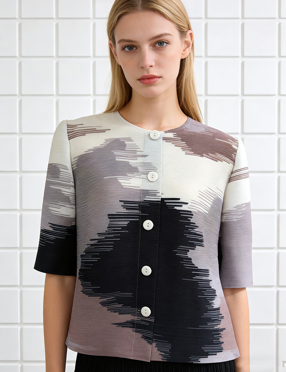 Loose round neck all-match printing fold shirt