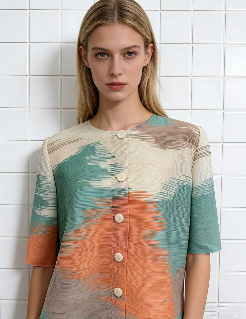 Loose round neck all-match printing fold shirt