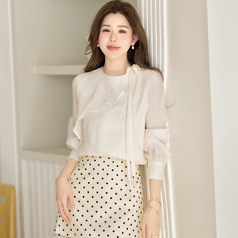 Spring bow tops beading long sleeve shirt for women
