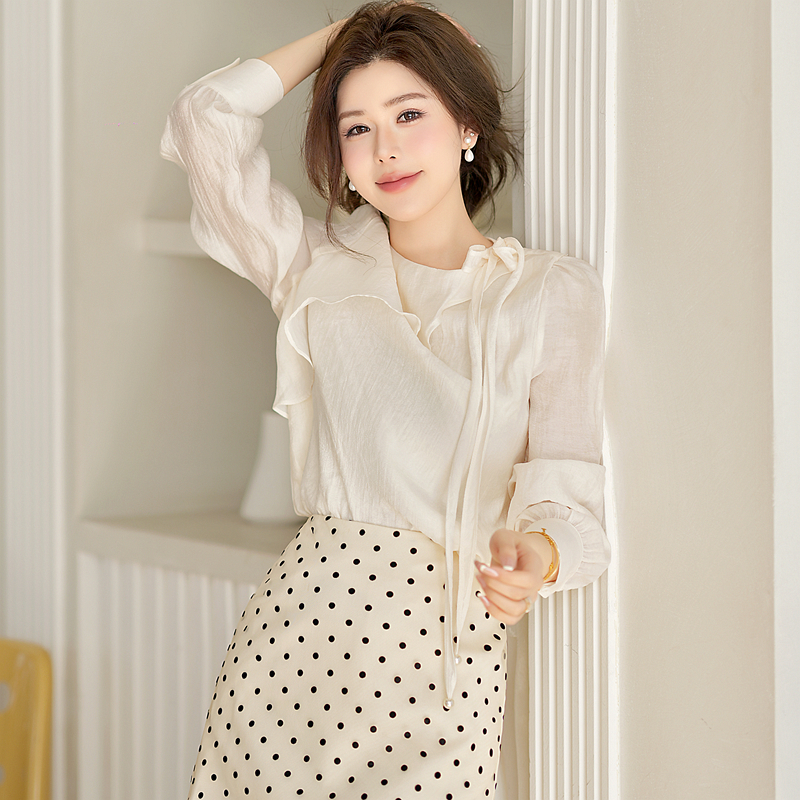 Spring bow tops beading long sleeve shirt for women