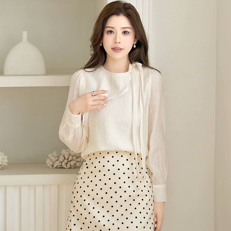 Spring bow tops beading long sleeve shirt for women