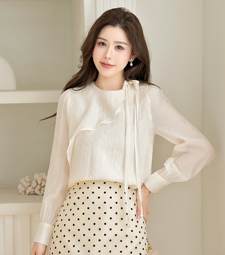 Spring bow tops beading long sleeve shirt for women