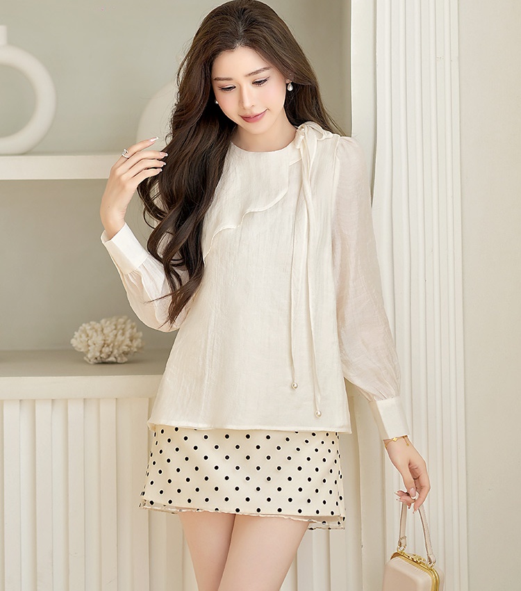 Spring bow tops beading long sleeve shirt for women