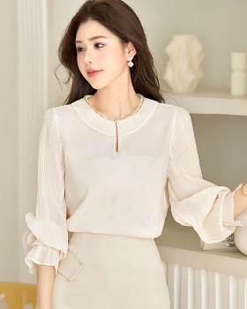 France style pleated splice slim long sleeve tops for women