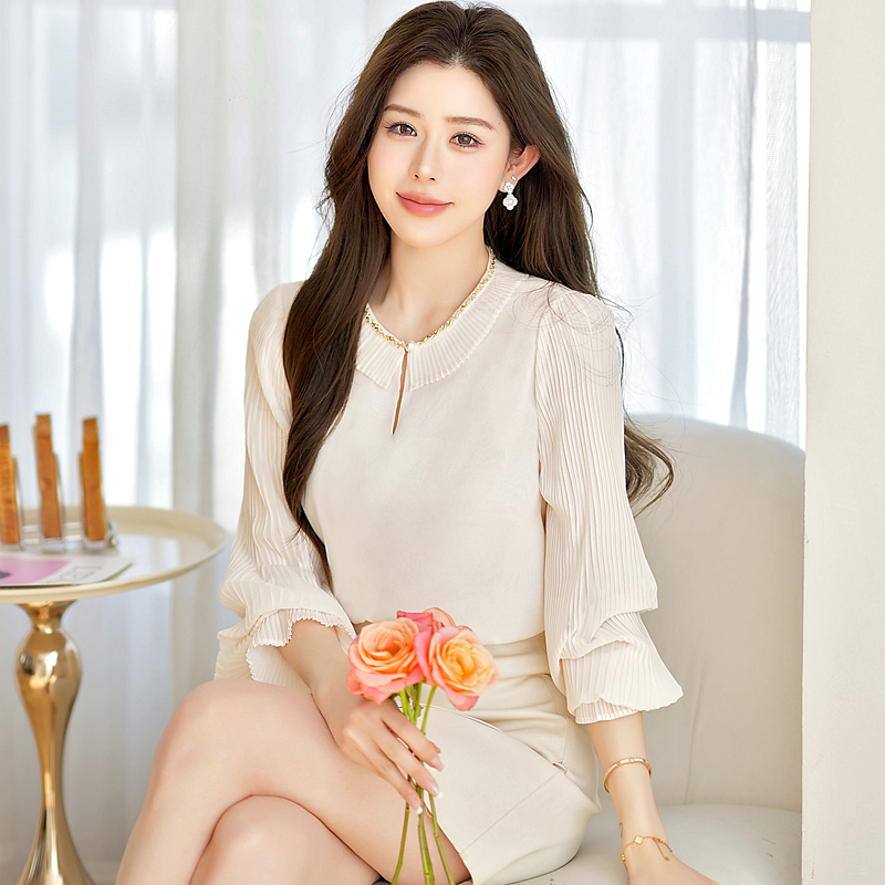 France style pleated splice slim long sleeve tops for women