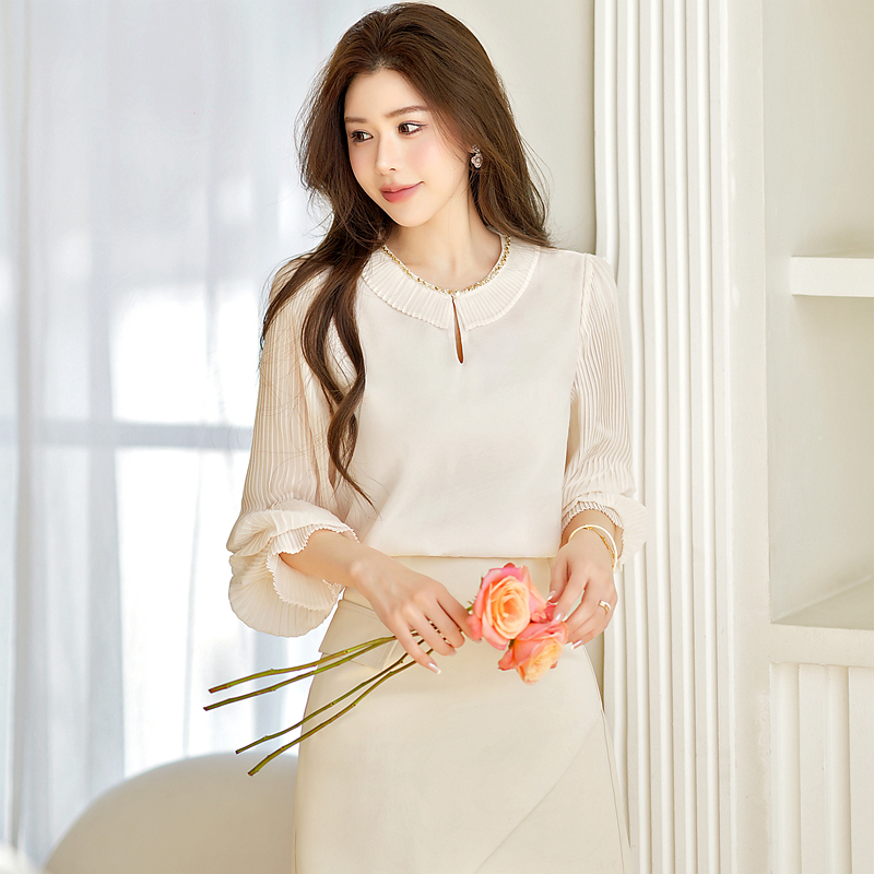 France style pleated splice slim long sleeve tops for women