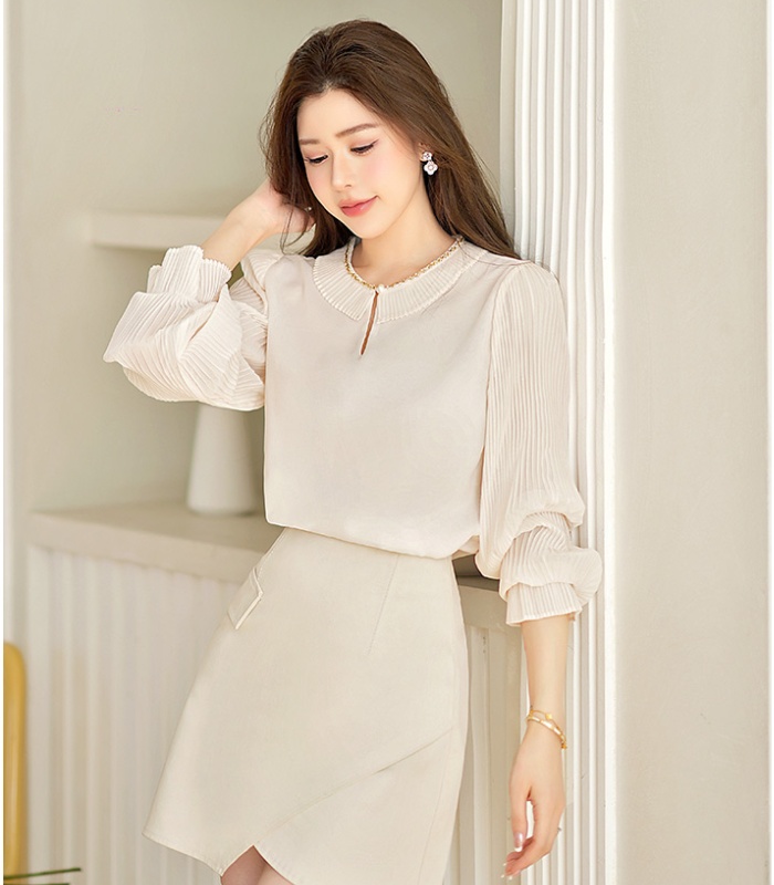 France style pleated splice slim long sleeve tops for women