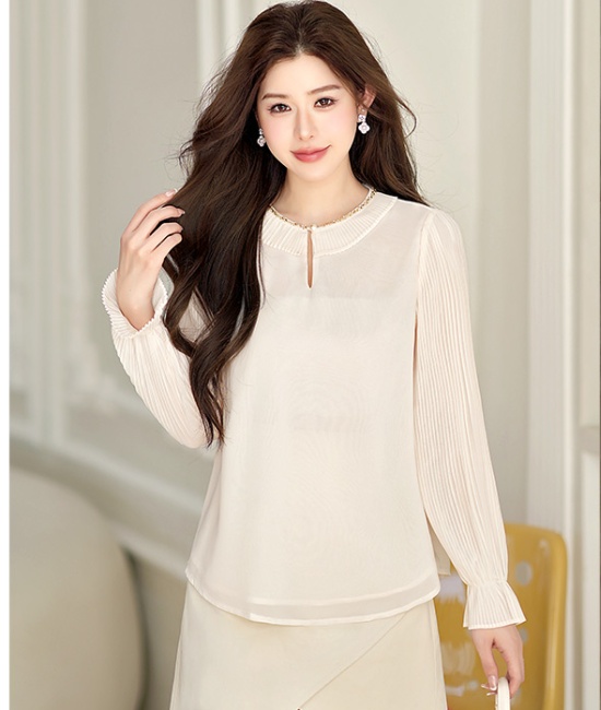 France style pleated splice slim long sleeve tops for women