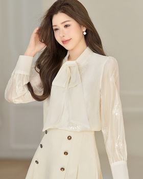 Bow sequins chiffon shirt embroidery tops for women