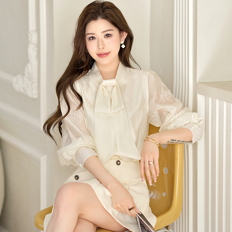 Bow sequins chiffon shirt embroidery tops for women