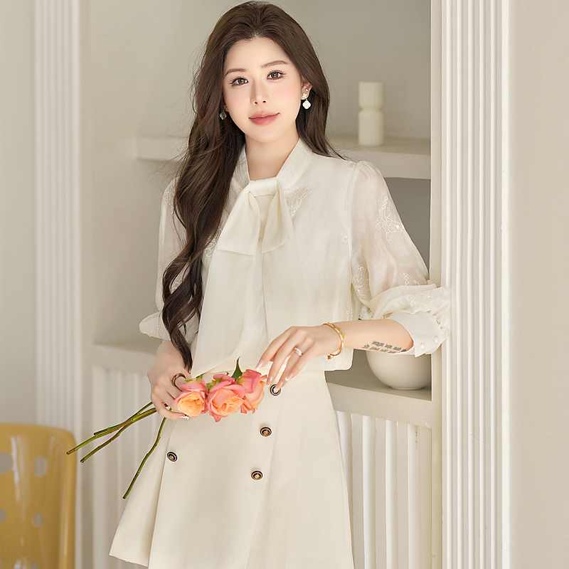 Bow sequins chiffon shirt embroidery tops for women