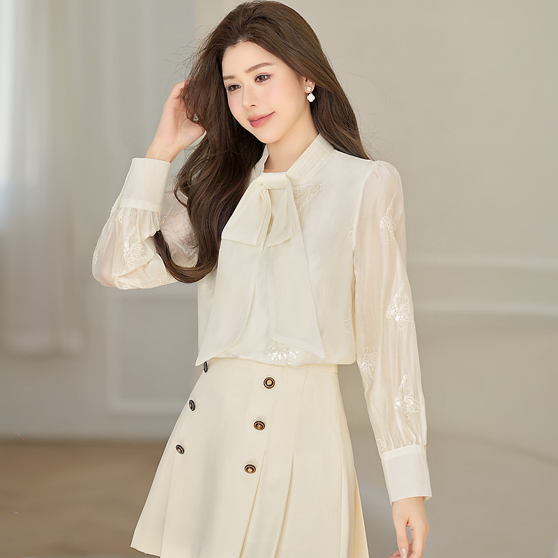 Bow sequins chiffon shirt embroidery tops for women