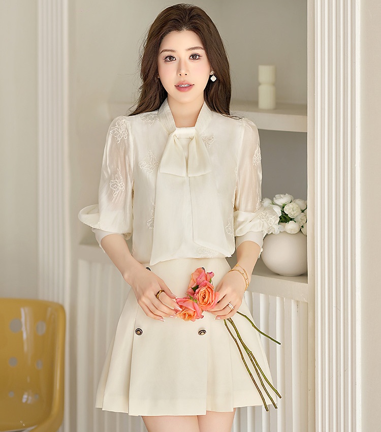 Bow sequins chiffon shirt embroidery tops for women