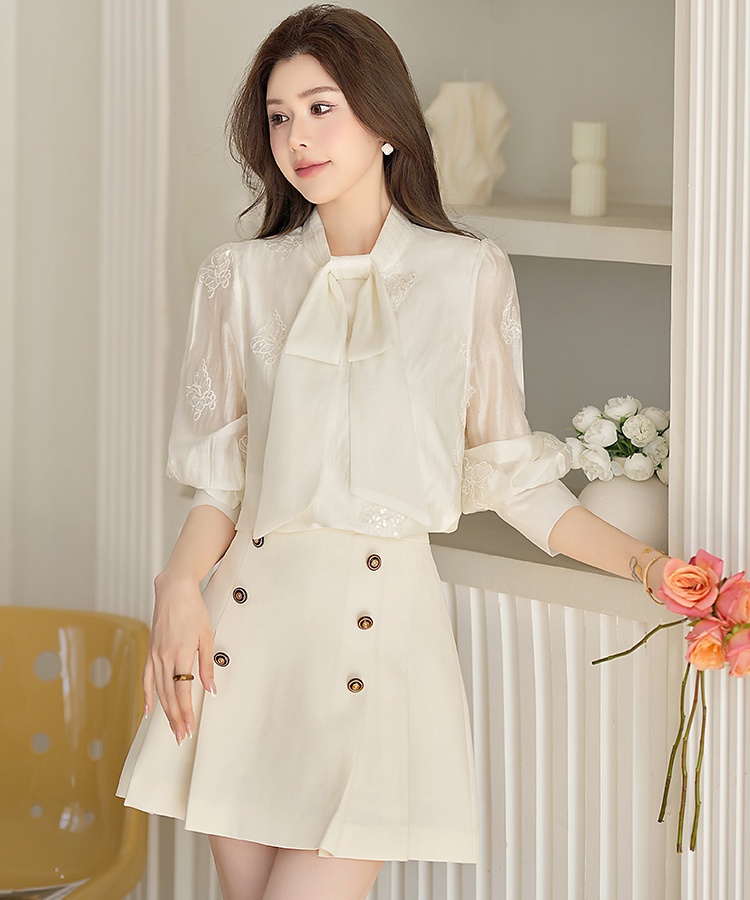 Bow sequins chiffon shirt embroidery tops for women