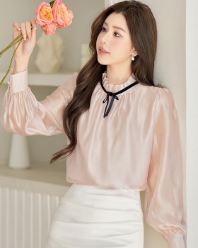 Temperament cstand collar tops fungus bow shirt for women