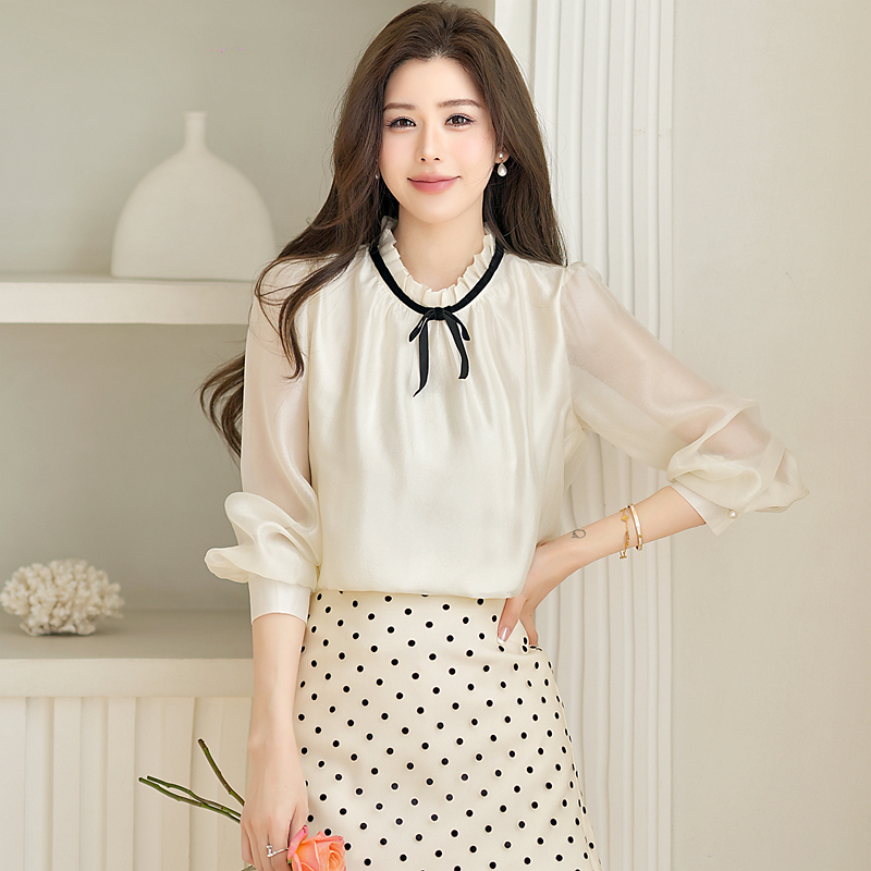 Temperament cstand collar tops fungus bow shirt for women