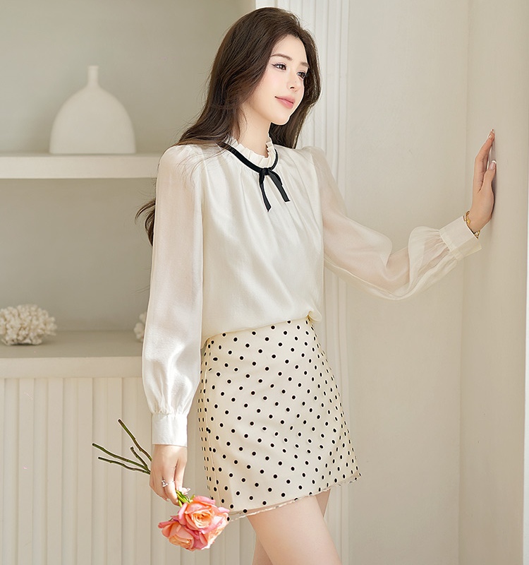 Temperament cstand collar tops fungus bow shirt for women