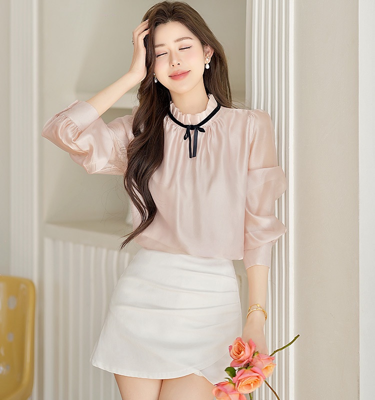 Temperament cstand collar tops fungus bow shirt for women