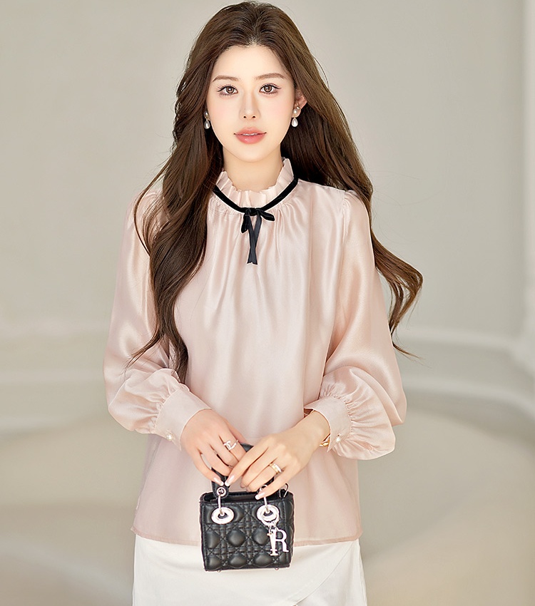 Temperament cstand collar tops fungus bow shirt for women