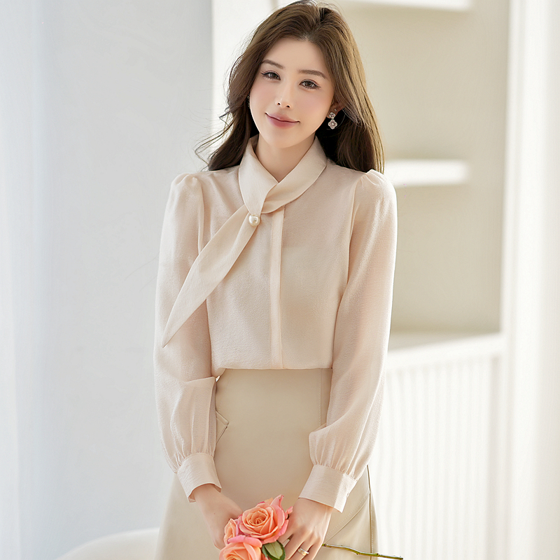 Drape temperament shirt long sleeve cstand collar tops for women