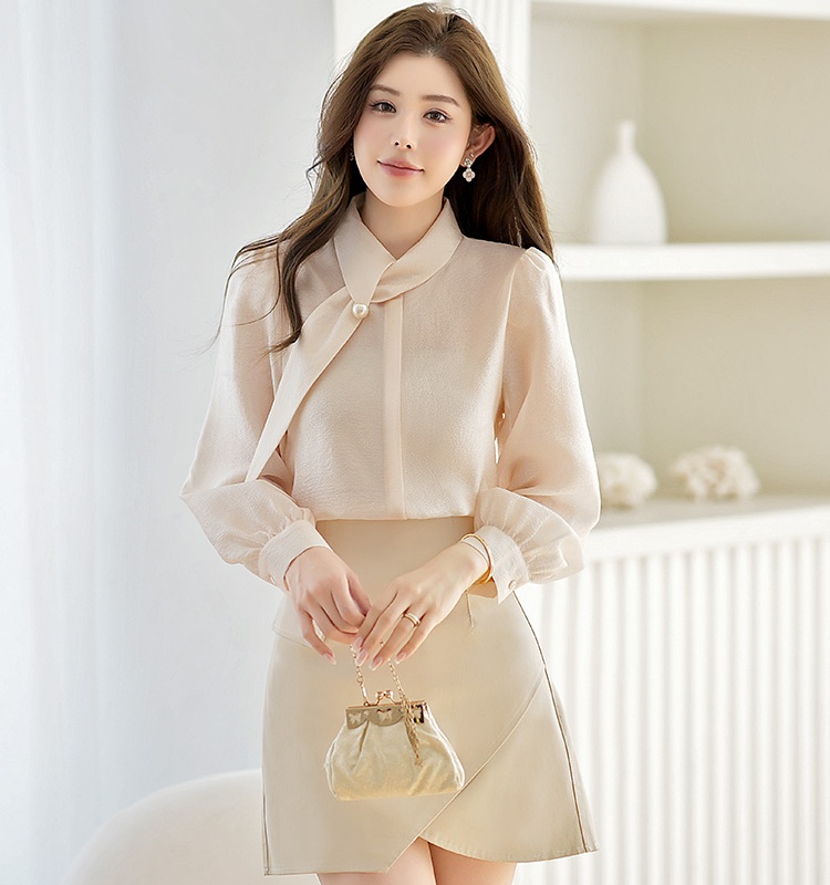 Drape temperament shirt long sleeve cstand collar tops for women