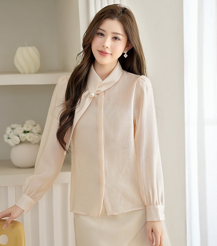 Drape temperament shirt long sleeve cstand collar tops for women