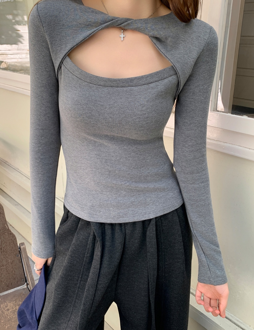 Slim gray T-shirt spicegirl bottoming shirt for women