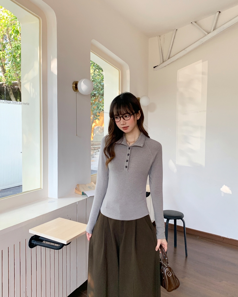 Long sleeve spring tops half buckle bottoming shirt