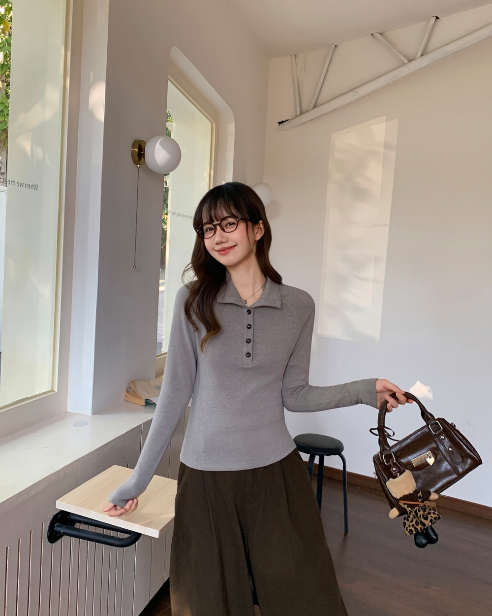 Long sleeve spring tops half buckle bottoming shirt