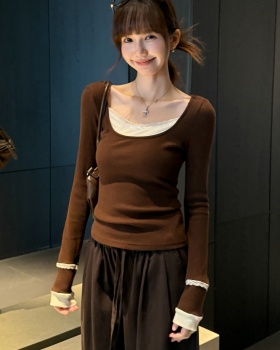 Brown bow sweater lace bottoming shirt for women
