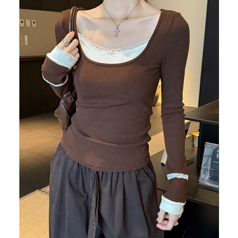 Brown bow sweater lace bottoming shirt for women