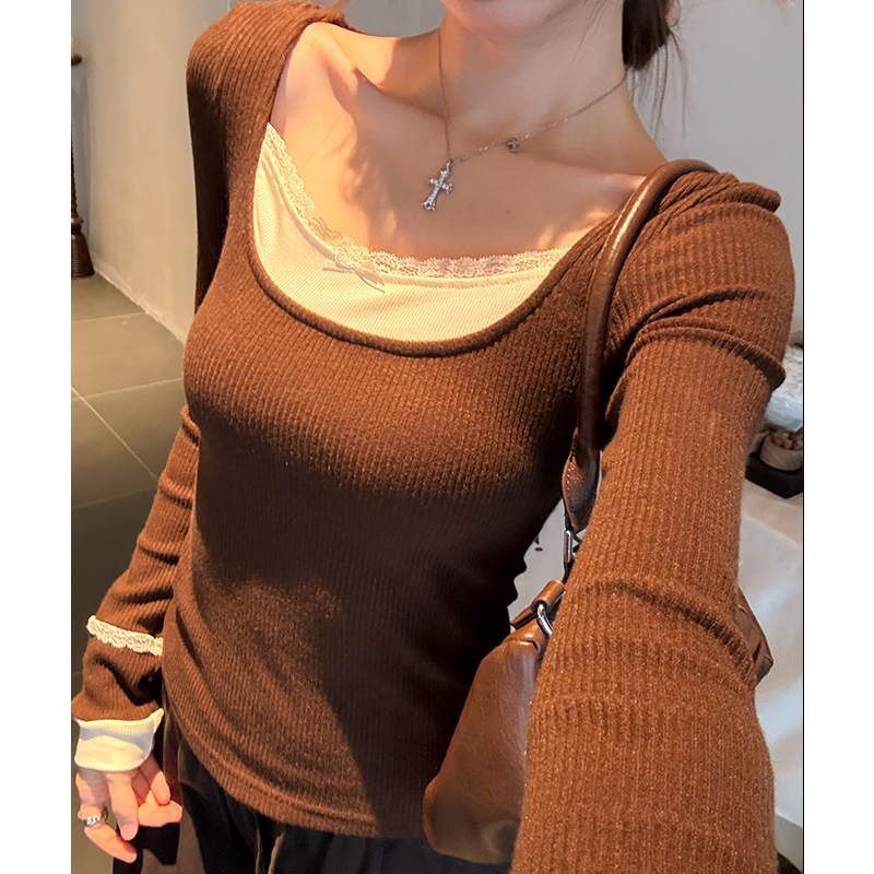 Brown bow sweater lace bottoming shirt for women