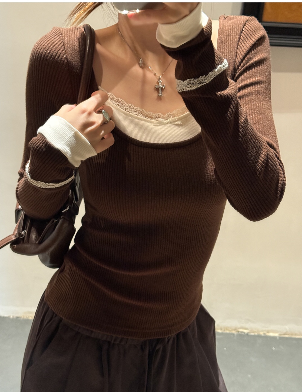 Brown bow sweater lace bottoming shirt for women