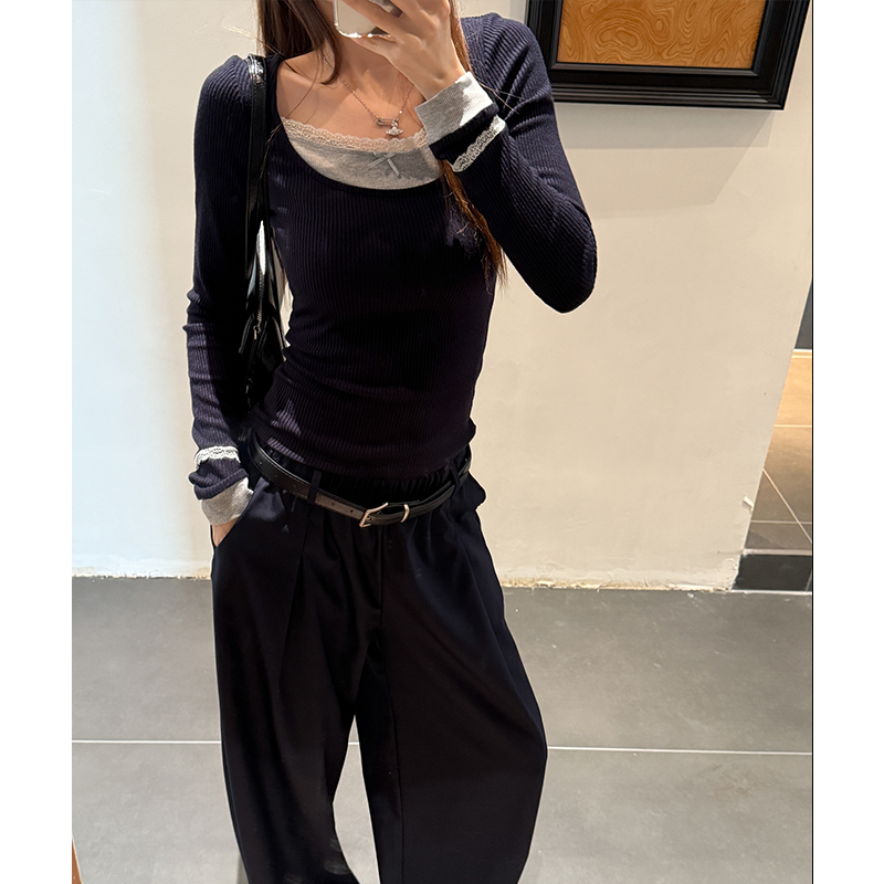 Brown bow sweater lace bottoming shirt for women