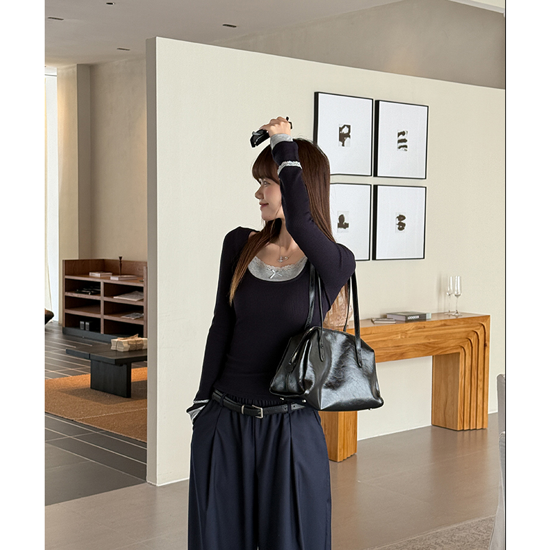 Brown bow sweater lace bottoming shirt for women