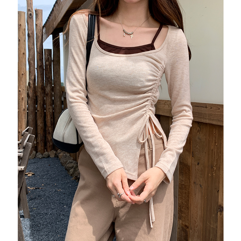 Drawstring splice T-shirt pinched waist long sleeve tops