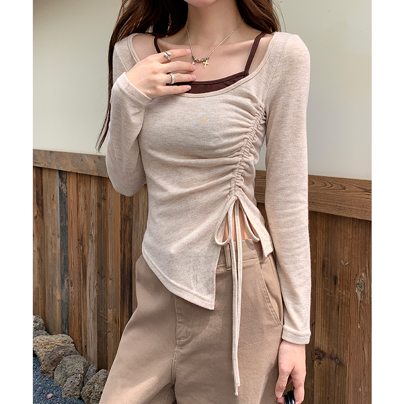 Drawstring splice T-shirt pinched waist long sleeve tops