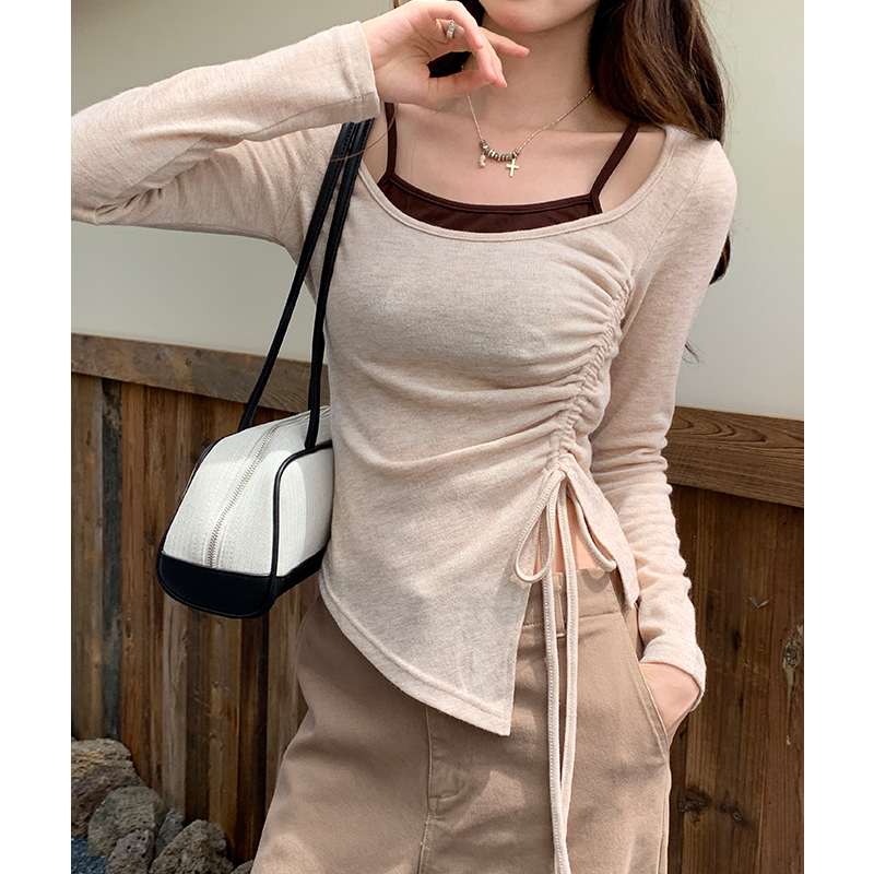Drawstring splice T-shirt pinched waist long sleeve tops