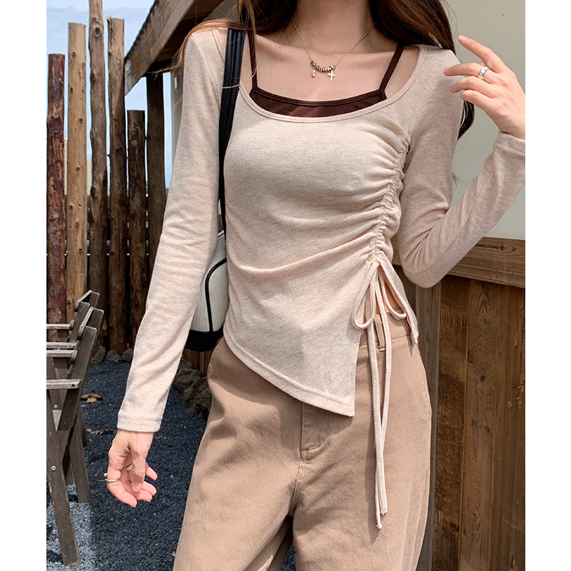 Drawstring splice T-shirt pinched waist long sleeve tops