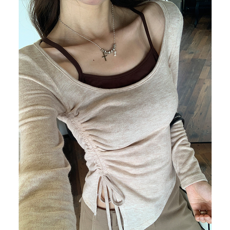 Drawstring splice T-shirt pinched waist long sleeve tops