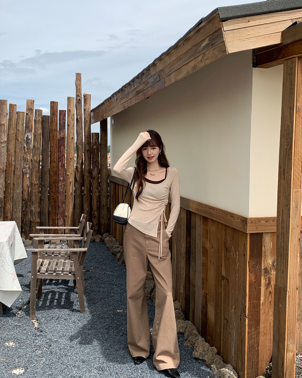 Drawstring splice T-shirt pinched waist long sleeve tops