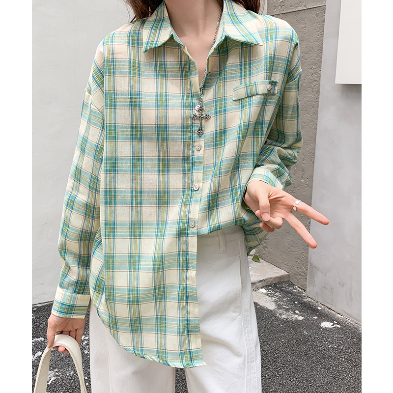 Green loose shirt long sleeve thin coat for women