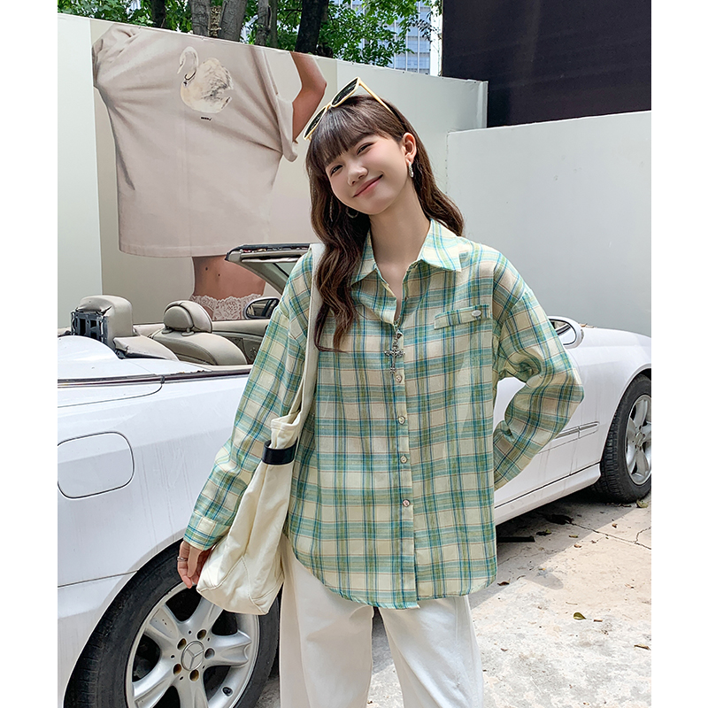 Green loose shirt long sleeve thin coat for women