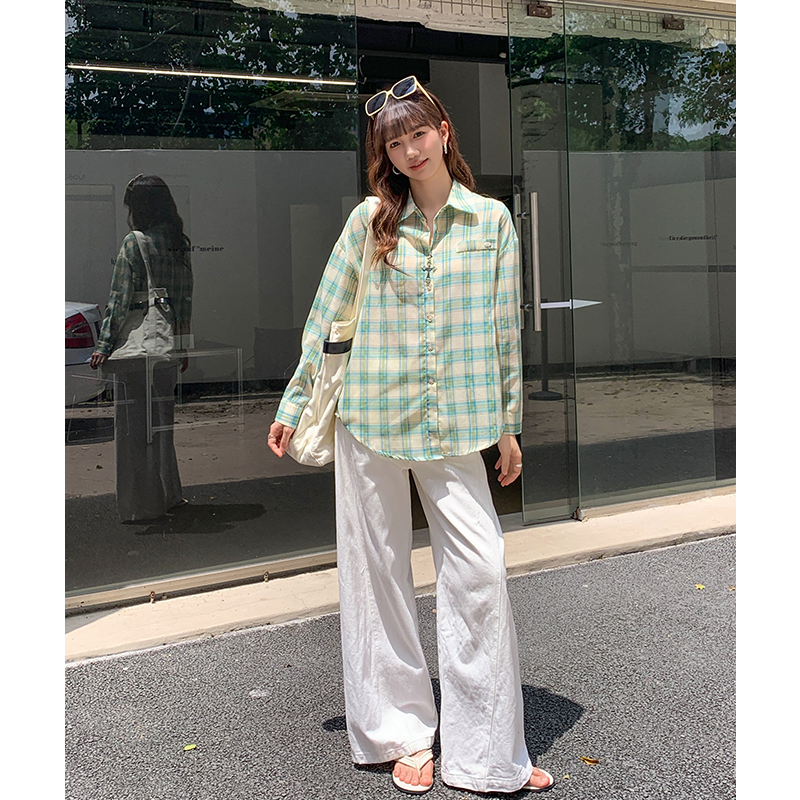 Green loose shirt long sleeve thin coat for women