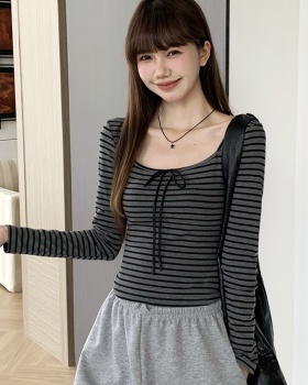 Spring frenum T-shirt stripe black-gray tops for women
